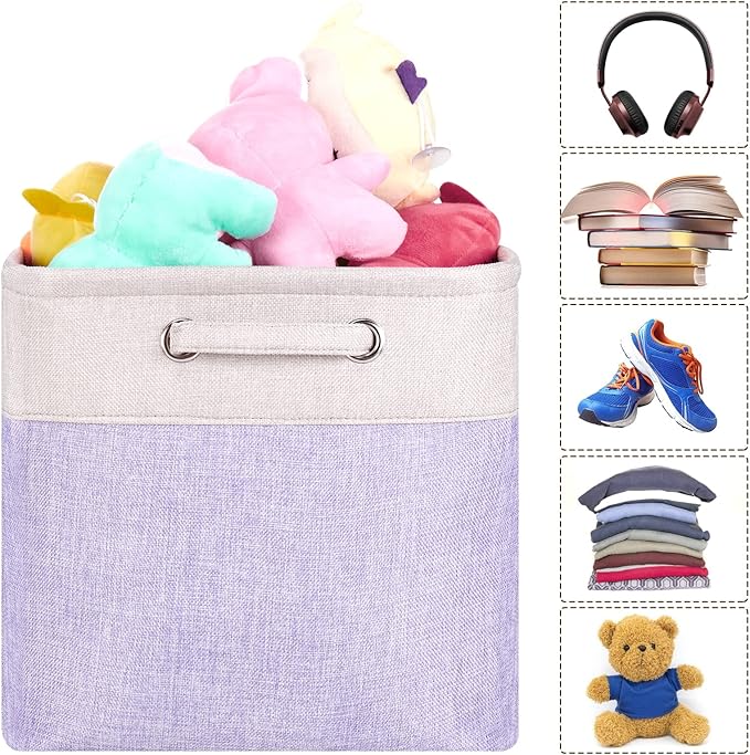 Fabric Cube Storage Bins Foldable Storage Boxes Light Purple and Silver Khaki Patchwork Storage Baskets Cubes Storage Bins with Handle Cube Inserts Storage 13x13x13 cube organizer bin Pack of 3