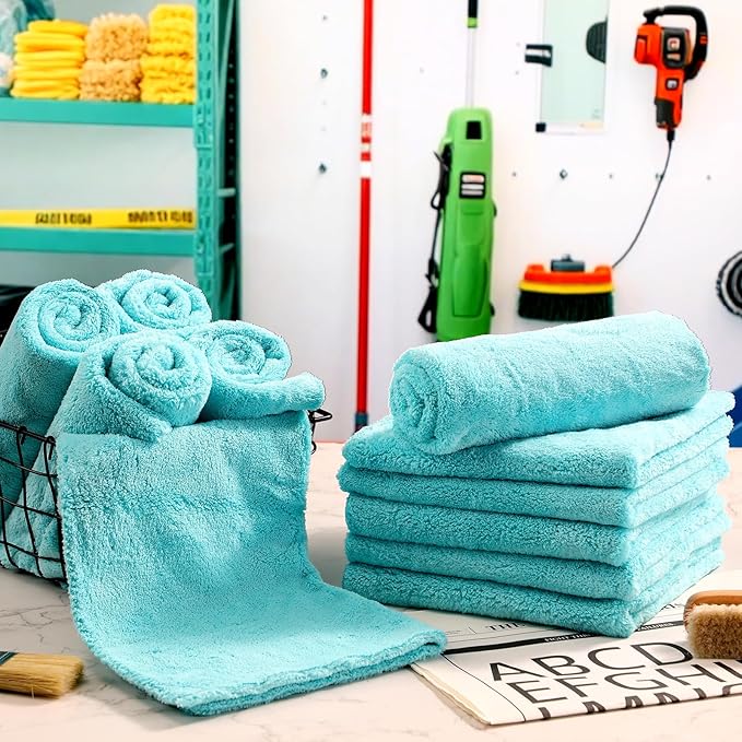Shimeyao 30 Pcs 16 x 16 Inch Edgeless Microfiber Plush Towels for Cars Detailing Drying Wash Polishing Absorbent Cleaning Cloths, 500 GSM (16 x 16 Inch, Teal Blue, 30 Pcs)
