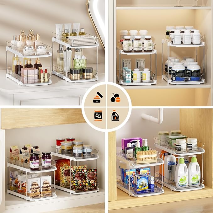 LAMU 2 Pack Bathroom Organizers and Storage, 2-Tier Stackable Under Sink Storage with Pull-Out Drawers & Dividers, Medicine Cabinet Organizer for Kitchen Pantry Organization