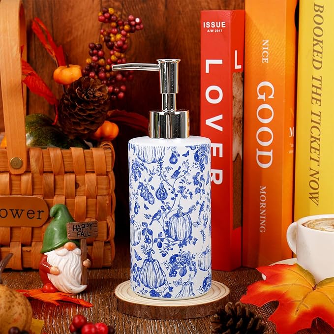 JarThenaAMCS Fall Soap Dispenser Blue Pumpkin Glass Dispenser with Pump Refillable Chinoiserie Liquid Soap Container for Autumn Harvest Thanksgiving Kitchen Bathroom Countertop