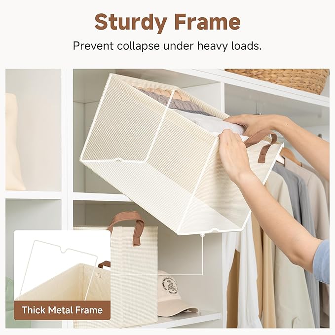 StorageWorks Storage Bins, Shelves Baskets for Organizing, Large Fabric Closet Organizers with Handles, Metal Frame, Beige-Texture, 2-Pack