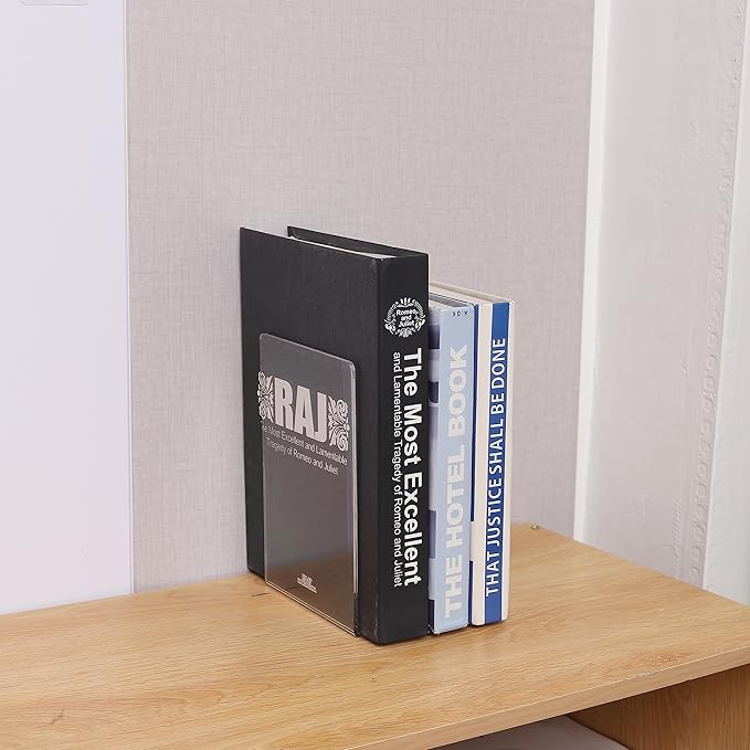 4pcs Clear Book Ends for Heavy Books,Acrylic Book Shelf Organizer for Desk,Plastic Heavy Duty Book Holders Stand and Invisible Bookshelf Dividers Decorative,Suitable for Office Home Weighted Bookends