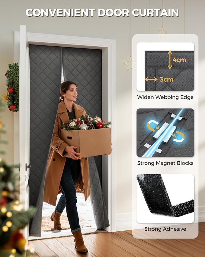Magnetic Thermal Insulated Door Curtain Fits Door Size 32 x 80 Inch, Insulation Cover for Cold, Oxford Cloth Thicken Cotton Filled Blanket for Front Back Attic Door in Winter, Grey