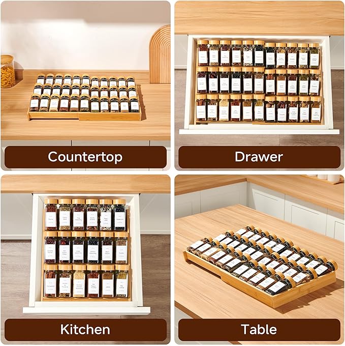 Expandable 3-Tier Bamboo Spice Rack Organizer (12"-21" W, 13.5" D, 3.7" H) Adjustable for Kitchen Drawers, Cabinets, Countertops, Pantry Shelves & Cupboards, No Jars Included