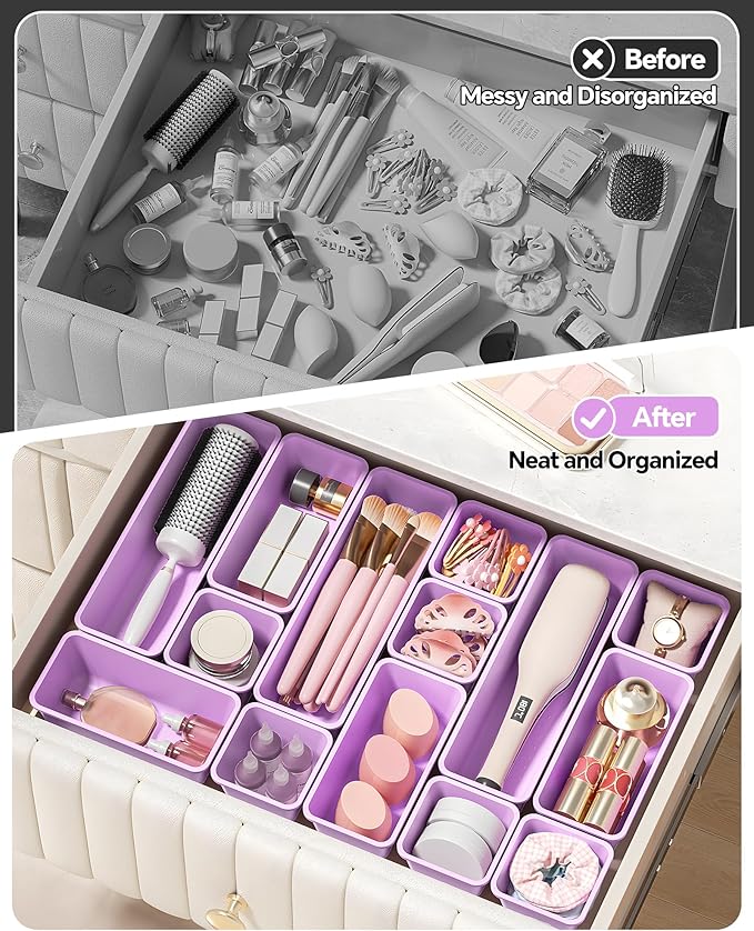 13 Pack Plastic Drawer Organizers Set, 3 Sizes Desk Drawer Organizer Trays for Vanity and Makeup Organizer, Organization and Storage for Makeup, Kitchen Utensils, Bathroom and Office(Purple)