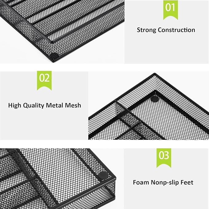 Neudeco Silverware Drawer Organizer Holder, Cutlery Tray Silverware Flatware Storage Divider for Kitchen, Bedroom, Living Room,Mesh Wire with Non-slip foam Feet, 5 Compoment（Black）