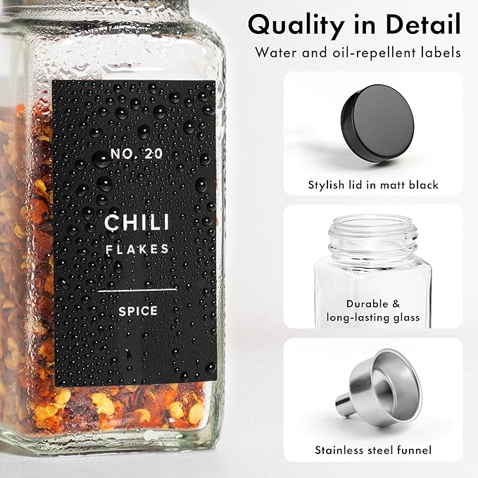 Glass Spice Jars with Label and Stainless Steel Covered/Plated Lids (24 x 4oz) Spice Containers with 240 Labels, Shaker Inserts, Steel Funnel, Empty Square Empty Square Seasoning Organizer