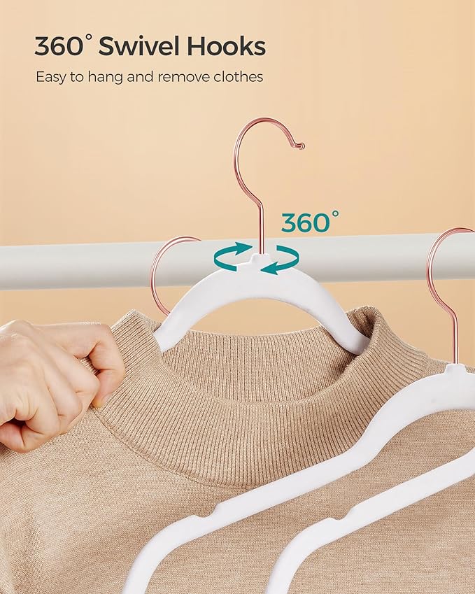 SONGMICS Slim Velvet Hangers, Non-Slip Clothes Hangers with Rose Gold Swivel Hooks, Space-Saving, for Closet, 100 Pack, White UCRF026W100