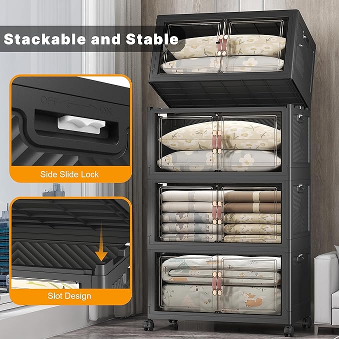Extra Large Stackable Storage Bins with Lids & Wheels & Door,Foldable Collapsible Closet Organizers, Plastic containers drawers for bedroom Dorm (Dark-160qt, 4Pack with 1 top lid)