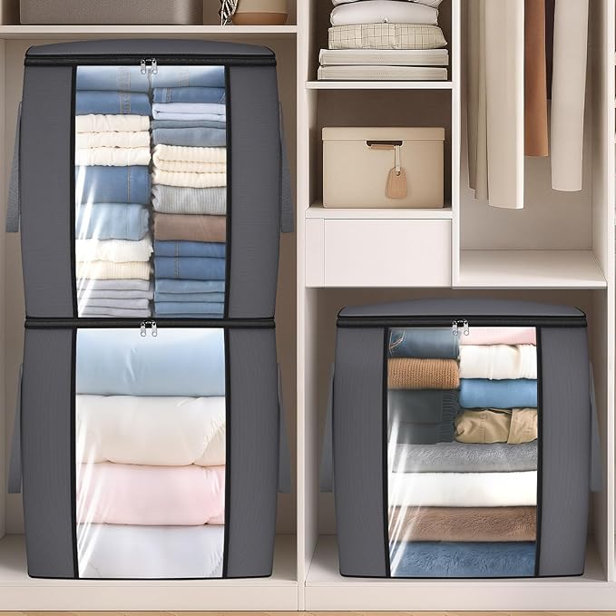 120L Extra Large Clothes Storage Bags, Foldable Blanket Storage and Organization, Thick Fabric Containers with Reinforced Handles & Zippers for Clothing, Comforters, Bedding, Gray, 6 Pack