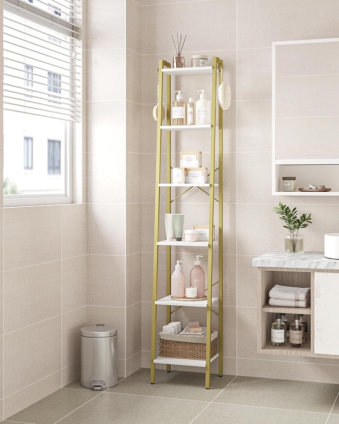 Ladder Shelf, Bookshelf Bookcase, Freestanding Corner Storage Shelve with 2 Hooks for Home Office, Living Room, Kitchen, Bedroom, Industrial, 11.8" D x 13.4" W x 72.8" H,White Gold BC13313G