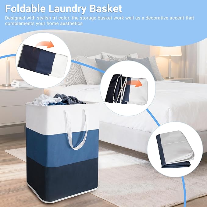 Stylish Freestanding Laundry Hamper with Portable Handles,72L Foldable Laundry Basket with Waterproof Liner,Bathroom Dirty Clothes Hamper,Multi-purpose Storage Bag Space-saving for Home,Dorm,RV(Blue)