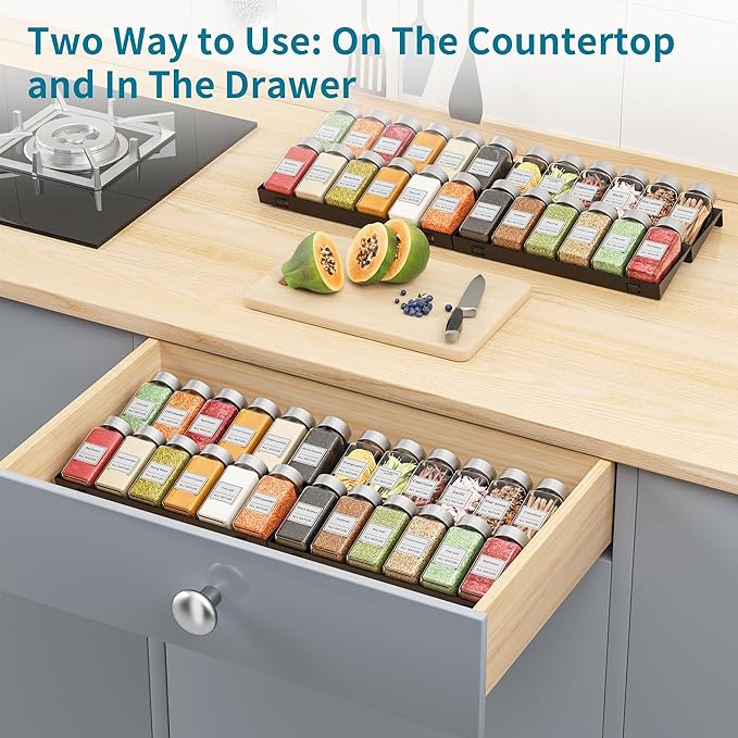 Spice Drawer Organizer, 4 Tier Metal Spice Organizer for Drawer Insert, Spice Organization for Drawer, Kitchen, Countertop, Pantry (Jars Not Included)