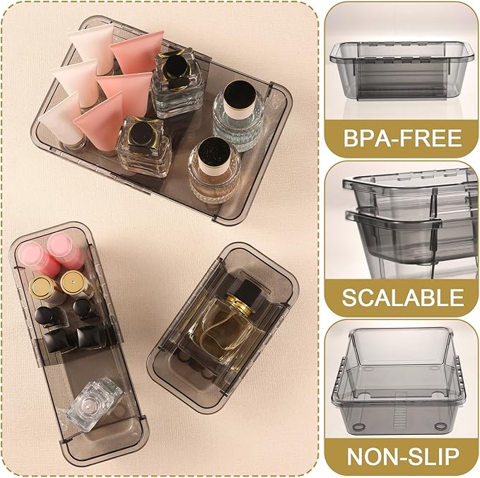 15 Pcs Extendable Clear Drawer Organizer, All Adjustable Vanity Storage Box, 2-Size Desk Drawer Organizer, Acrylic Storage Bins for Makeup, Bedroom Dressers Tool Organizer for Gadgets, Black