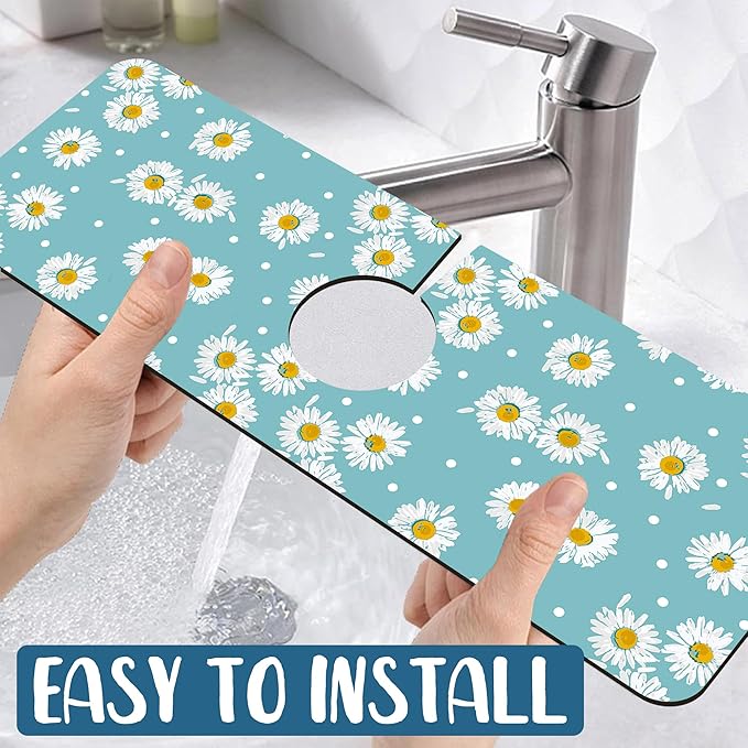 Cute Daisy Sink Faucet Absorbing Mat White Daisies Super Absorbent Fast Drying Mat Sink Gadgets Behind Faucet Sinkmat for Kitchen Bathroom, 15.5"x5.5"