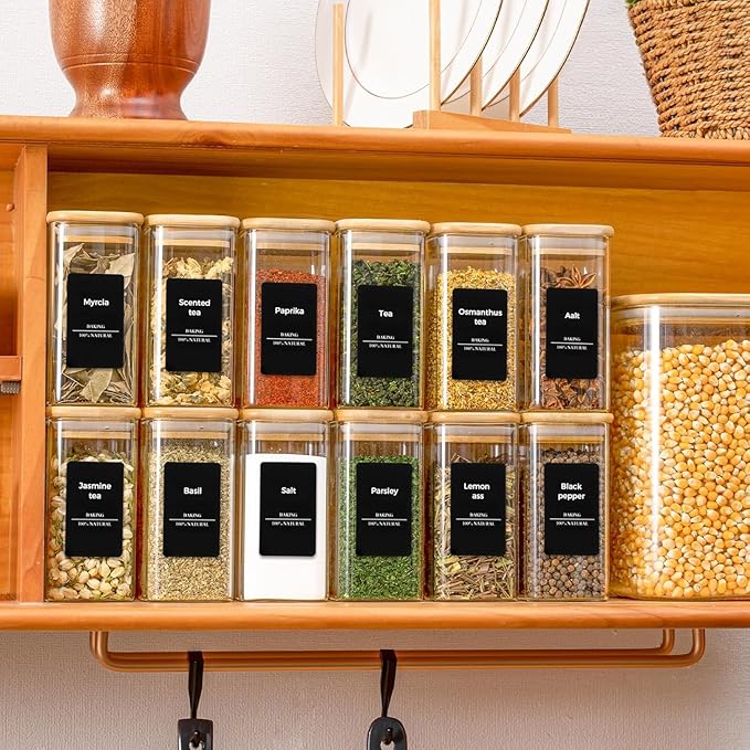 ComSaf 12Pcs Glass Spice Jars with Bamboo Lid, 10oz Airtight Square Containers with 275 Black Lables, Empty Seasoning Jars for Spice Salt Sugar