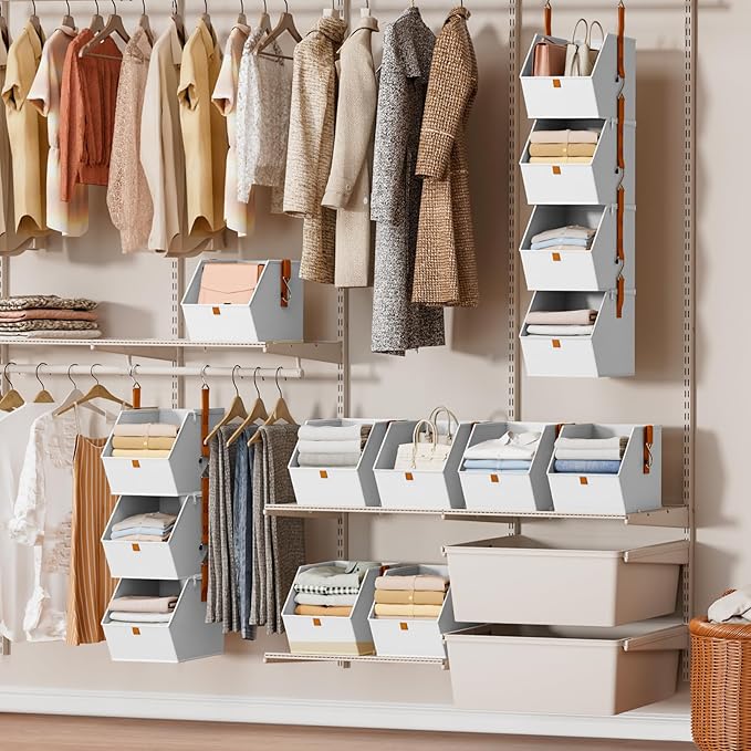Hanging Closet Organizer 4 Tier - Clothes Hanging Shelves, Space-Saving Closet System, Fabric Storage Bins Bedroom Organization, Collapsible Baskets for Home, Dorm, Rv, White, 8 Pack