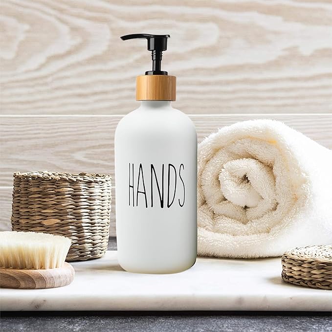 16 OZ Thick White & Black Glass Soap Dispenser, Bamboo Pump with Tray 2 Pack, Hand and Dish Soap Dispenser Set for Bathroom with 6 Waterproof Labels