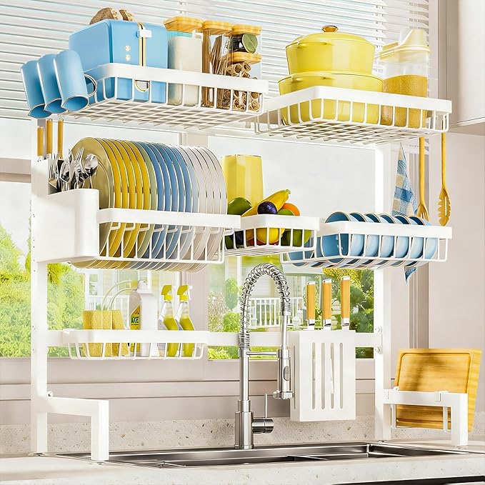 Dish Drying Rack - Over The Sink Dish Drainer Drying Rack with Utensil & Knife Holder, Hooks, Stainless Steel Kitchen Organizers and Storage Solution, 11.8" D x 31.5"~39.0''W x 30" H, White