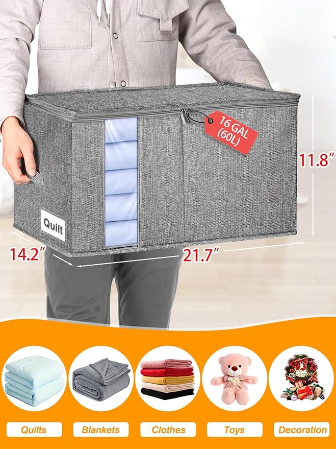 boailydi 60L Blanket/Comforter Storage Bag w/Rigid Side & Bottom Support, Stackable Clothes Storage Bin for Sweaters Bedding Sets Quilts Pillows, Closet Organizer, 21.7x14.2x11.8in, 2 Pack, Gray