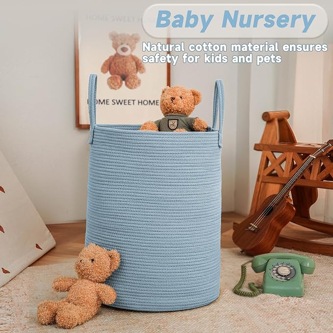 Large Woven Laundry Basket Hamper,100L Cotton Rope Storage Bin for Blankets,Toys and Clothes,Decorative Tall Nursery Hamper for Living Room,Baby Nursery,Bathroom and Bedroom,Blue