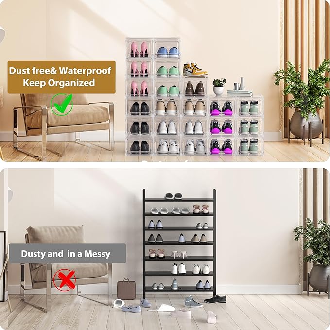 JWQ 10 Pack Extra XX Large Hard Plastic Clear Stackable Shoe Storage Box Organizer for Closet, Thicken Sturdy Sneaker Shoe Rack Display Case Containers Bins with Lids and Magnetic Door, Clear