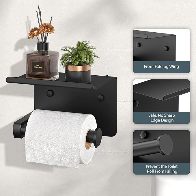FORIOUS Toilet Paper Holder with Shelf, Adhesive or Screw Wall Mount Toilet Paper Roll Holder for Bathroom, Rustproof 304 Stainless Steel Commercial Toilet Tissue Holder, 2 Pack Matte Black