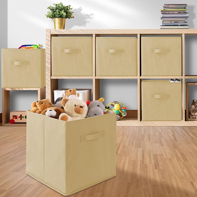 Casafield Set of 6 Collapsible Fabric Cube Storage Bins, Sandy Beige - 13" Foldable Cloth Baskets for Shelves, Cubby Organizers & More