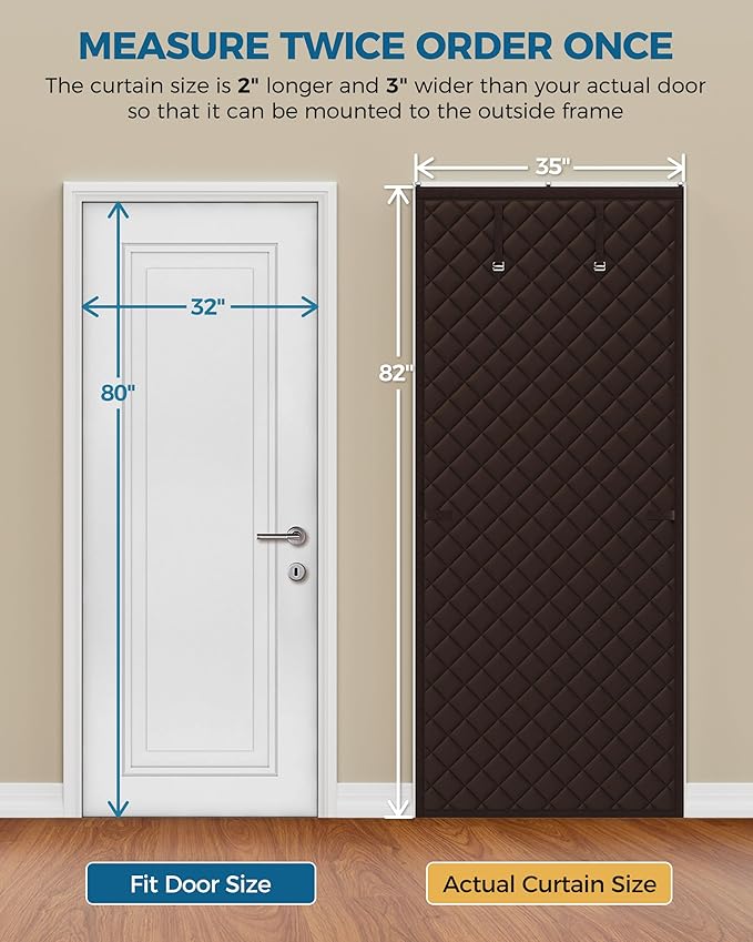 Thermal Insulated Door Curtain Fits Door Size 32 x 80 Inch, Oxford Cloth Thicken Cotton Filled, Curtain Size 35" x 82", Single Piece Door Insulation Blanket Cover for Cold in Winter, Brown