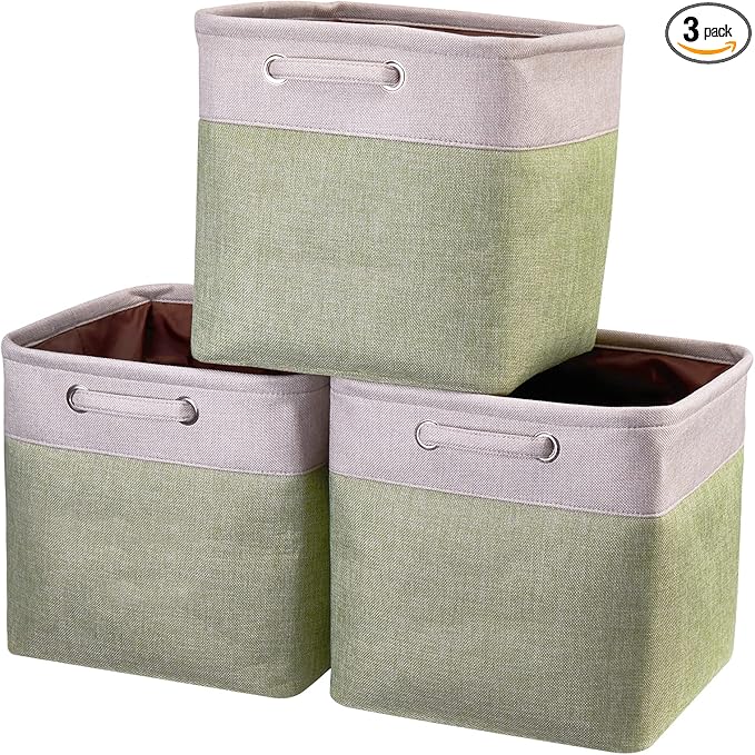 Storage Cube Bins 13x13 - 3-Pack 13x13x13 Inch Green Storage Cubes with Handles | Foldable Fabric Cube Storage Bins Organizer | Sage Green 13x13 Storage Cubes for Closet, Shelves