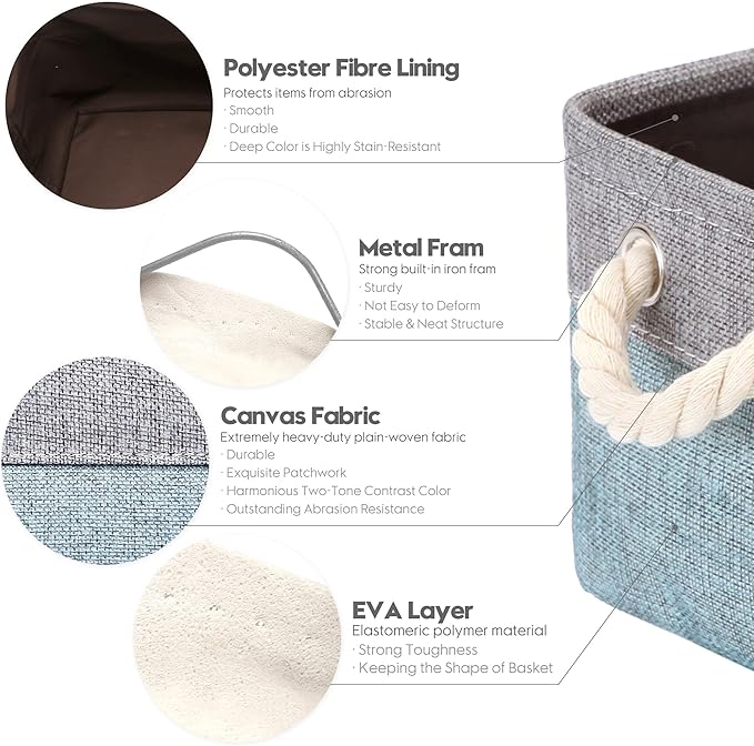 Sea Team 3-Pack Small Storage Basket Set, Storage Cube Organizer, Storage Bins, 12 x 8 x 5 Inches, Rectangle Canvas Fabric Collapsible Shelf Box with Handles for Kids Room (Grey/Stone Blue)