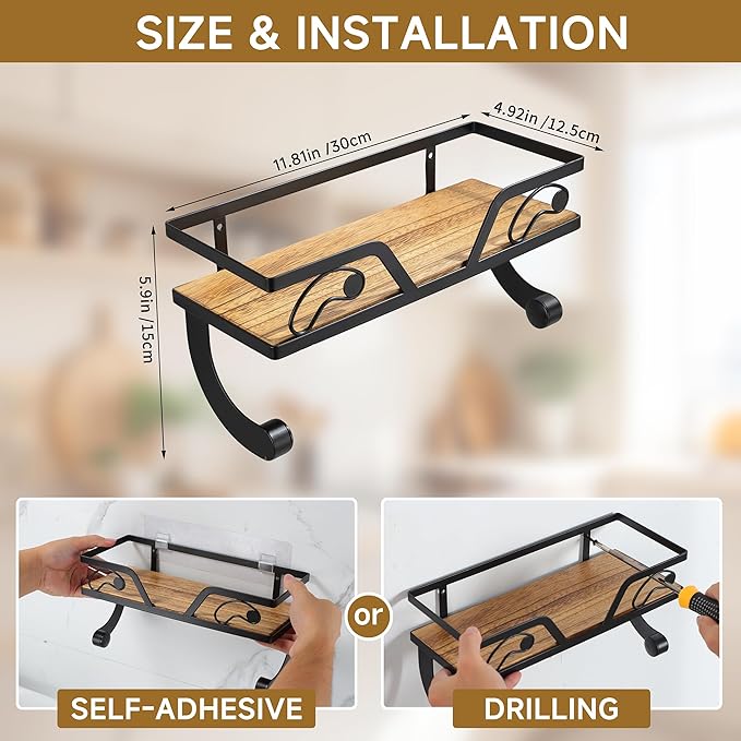 Farmhouse Paper Towel Holder with Emj Funny Memes Kitchen Organizer Shelf, Rustic Brown Wall Mount/Adhesive Hand Towel Roll Shelf & Spice Rack for Kitchen, Bathroom RV, Apartment
