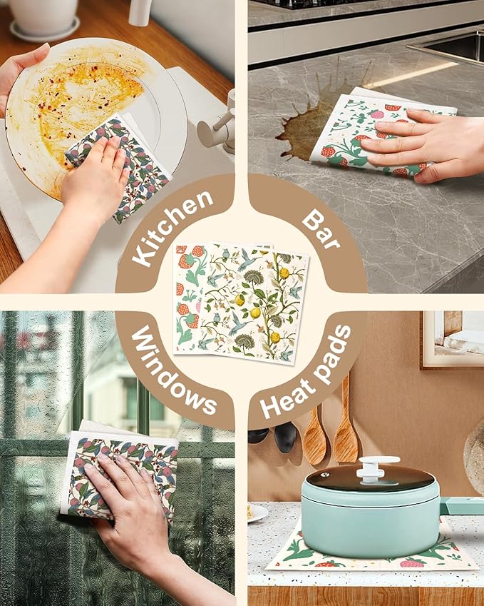 Kitchen Swedish Dishcloths with Hooks - 6 Pack Reusable Dish Cloths for Washing Dishes Fast Drying Cute Fun Swedish Dish Towels Washable Cleaning Sponge, Trees Fruits