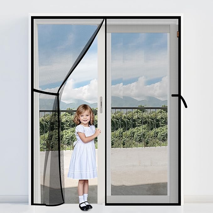 Magnetic Screen Door, Fits Door Size 48'' x 80'', Scratch-Proof Polyester, Classic Middle-Opening, Keep Annoying Creatures Out, Pet Friendly Mesh, Walk Through, Suitable for French/Double Doors, Grey