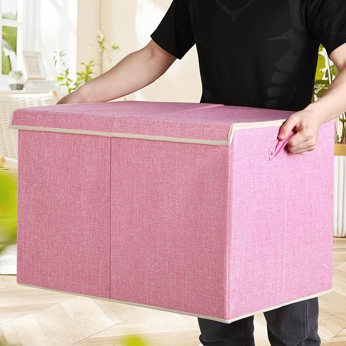 122L Large Toy Box Chest with Lid, Foldable Toy Storage Organizer Bin Boxes with Removable Divider for Kids, Boys, Girls, Nursery, Playroom, 26"x17" x17"(Linen Pink)