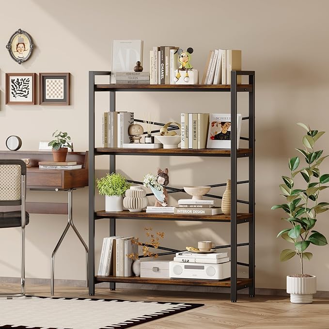 4 Tier Bookshelf 31.49" Width, Book Organizers and Storage, Wood and Metal Tall Bookcase, Rustic Book Shelf Organization and Storage for Home Living Room Bedroom Office Storage(Rustic Brown)