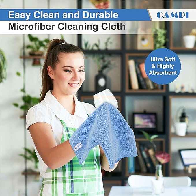 CAMRI Microfiber Towel Cleaning Cloth – Pack of 12, Size 12.6” x 12.6”, Blue, Lint Free, Super Absorbent, Streak Free, Washable, Multipurpose Cleaning Rags for Kitchen, Glass, Car, Mirror