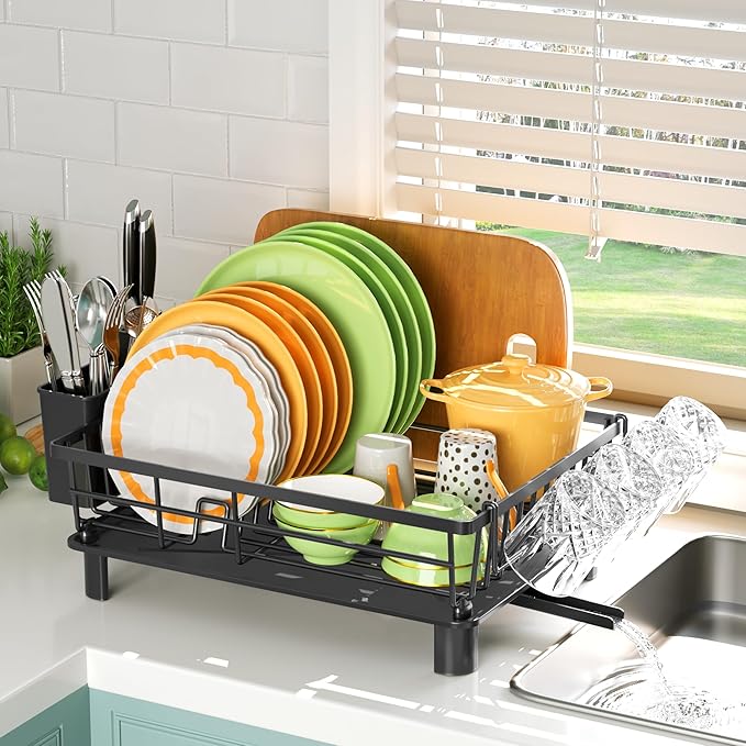 Dish Drying Rack, Dish Racks for Kitchen Counter, Detachable Dish Drainer with Drainboard, Utensil Holder, Cup Holder, Space Saving Kitchen Drying Rack for Small Home and Appartment, Black