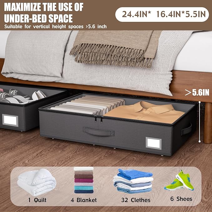 EE-RoomWorld Underbed Storage With Wheels, No Assembly Required - 5.5 Inch Height Black Underbed Bins, Low Profile Rolling Shoe Storage Containers for Dorm