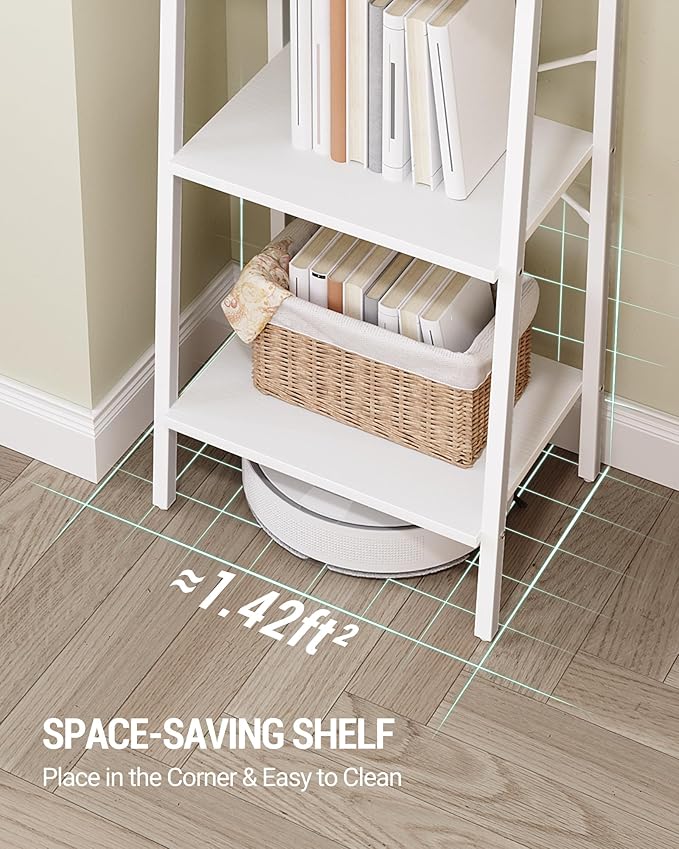 Ladder Shelf, Bookshelf Bookcase, Freestanding Corner Storage Shelve with 2 Hooks for Home Office, Living Room, Kitchen, Bedroom, Industrial, 11.8" D x 17.3" W x 63" H, White BC19213W