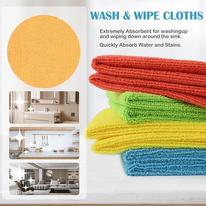 Microfiber Cleaning Cloth, 50 Pack Cleaning Rags with 5 Color Assorted, Absorbent and Lint Free Cleaning Cloth for Window, Household and Kitchen, 11"X11.5", (Blue/Yellow/Green/Orange/Red)