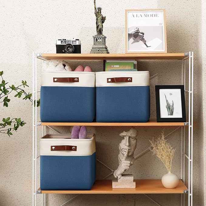 13 Inch Cube Storage Bins,Set of 4, Foldable Storage Basket with PU Handles for Organizing Home, Closet, Laundry, Office, Organizers for Shelves(White/Blue)