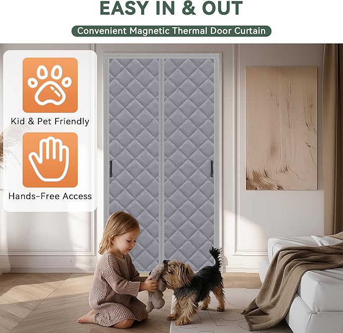 Magnetic Thermal Insulated Door Curtain Fits 36'' x 96'' Doors (Curtain Size 38'' x 98''), Oxford&Cotton Thermal Door Cover Insulation for Winter/Doorway/Attic Doors, Keep Warm, Grey