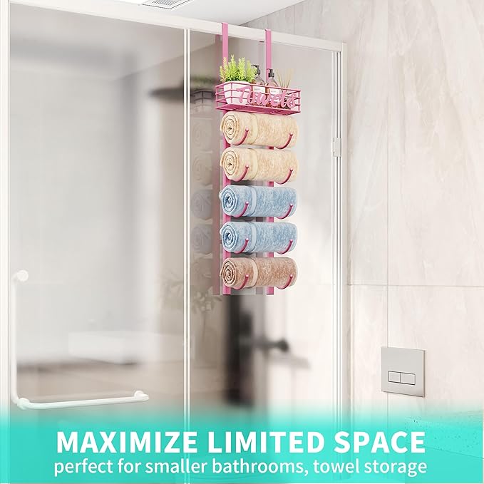 HapiRm Towel Racks for Bathroom Storage - 6 Tier Over The Door & Wall Mount Rolled Towel Storage Organizer Holder with Metal Shelf Basket for Small Bathroom, Camper, Rv - Pink, Patented