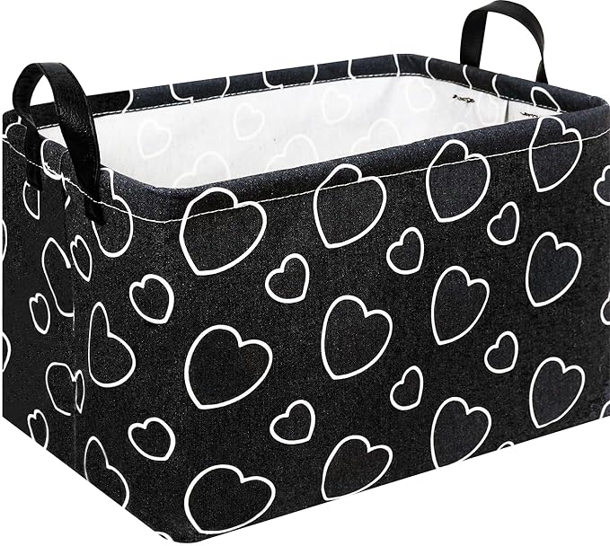 Rectangular Black Storage Basket Empty,Collapsible Gift Basket with Handles,Heart Print Basket for Kids Toys/Books Box,Room Decor(Black Love)