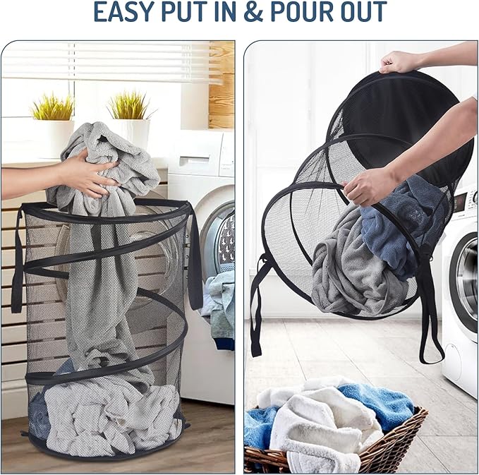 2Pcs Mesh Popup Laundry Hamper 115L Extra Large Collapsible Laundry Basket Foldable Clothing Storage Basket with Handles No Lid 26 H x 18 W x 18 L (Black)