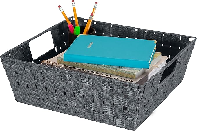 Simplify 2 Pack Large Storage Shelf Totes with Woven Strap in Grey | Decorative | Baskets | Organization | Accessories | Drawer | Desk | Closet | Bathroom | Bedroom | Nursery | Toys | Gifts