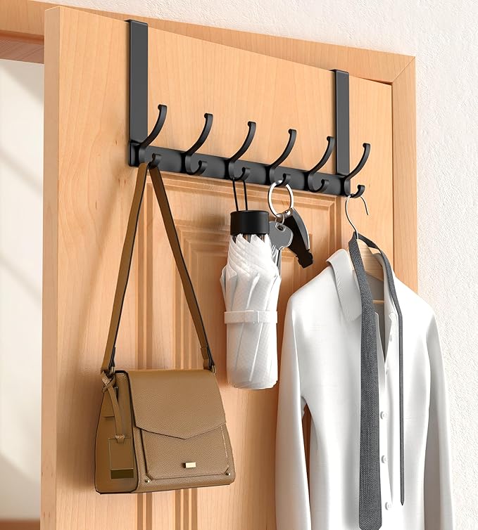 CHAUNCEY HOME Over The Door Hooks Hanger with Extended Arms, Fit 1 3/8" Door, Tool-Free Assembly, F7U, Towel Rack Organizer Holder - Black