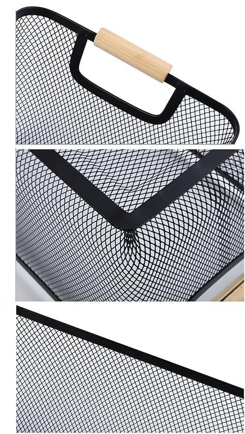 Metal Mesh Steel Basket, Large Wire Storage Organizer Basket Multi-function Hanging Kitchen Baskets with Wood Handle for Kitchen Bathroom Picnic Home, Rectangle-Black