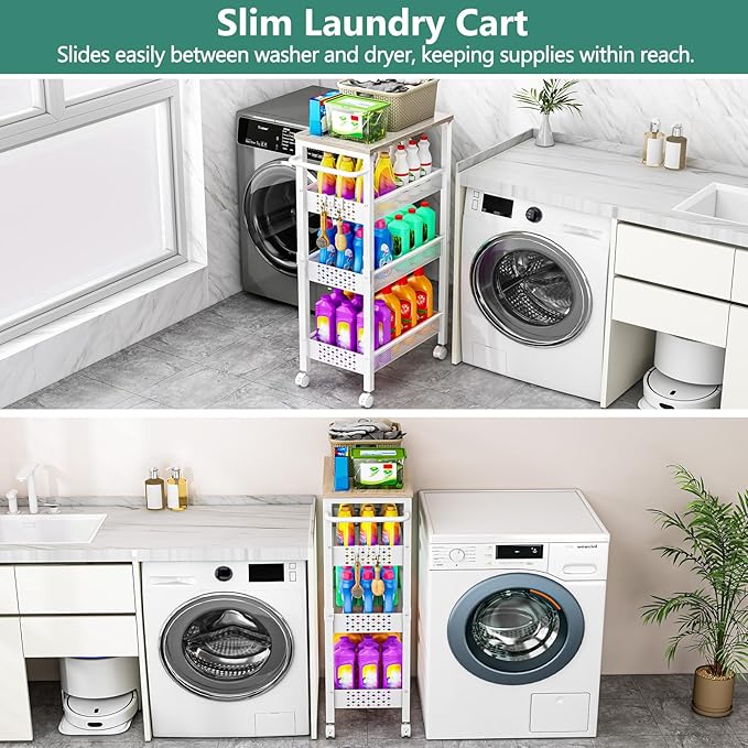 Utility Slim Storage Cart with Wheels, 4 Tier Small Rolling Cart with Wood Top, Metal Kitchen Bathroom Laundry Room Organization Trolley with Handle for Narrow Space - White